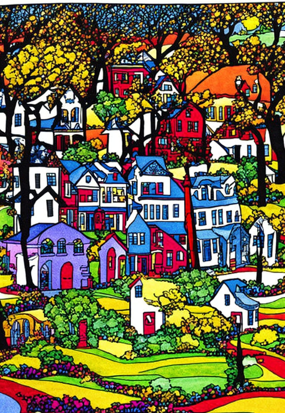 Colorful Stained Glass Neighborhood Illustration