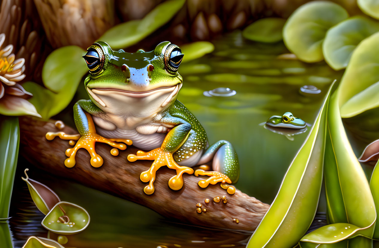 Colorful Frog Illustration on Log in Lily Pad Pond