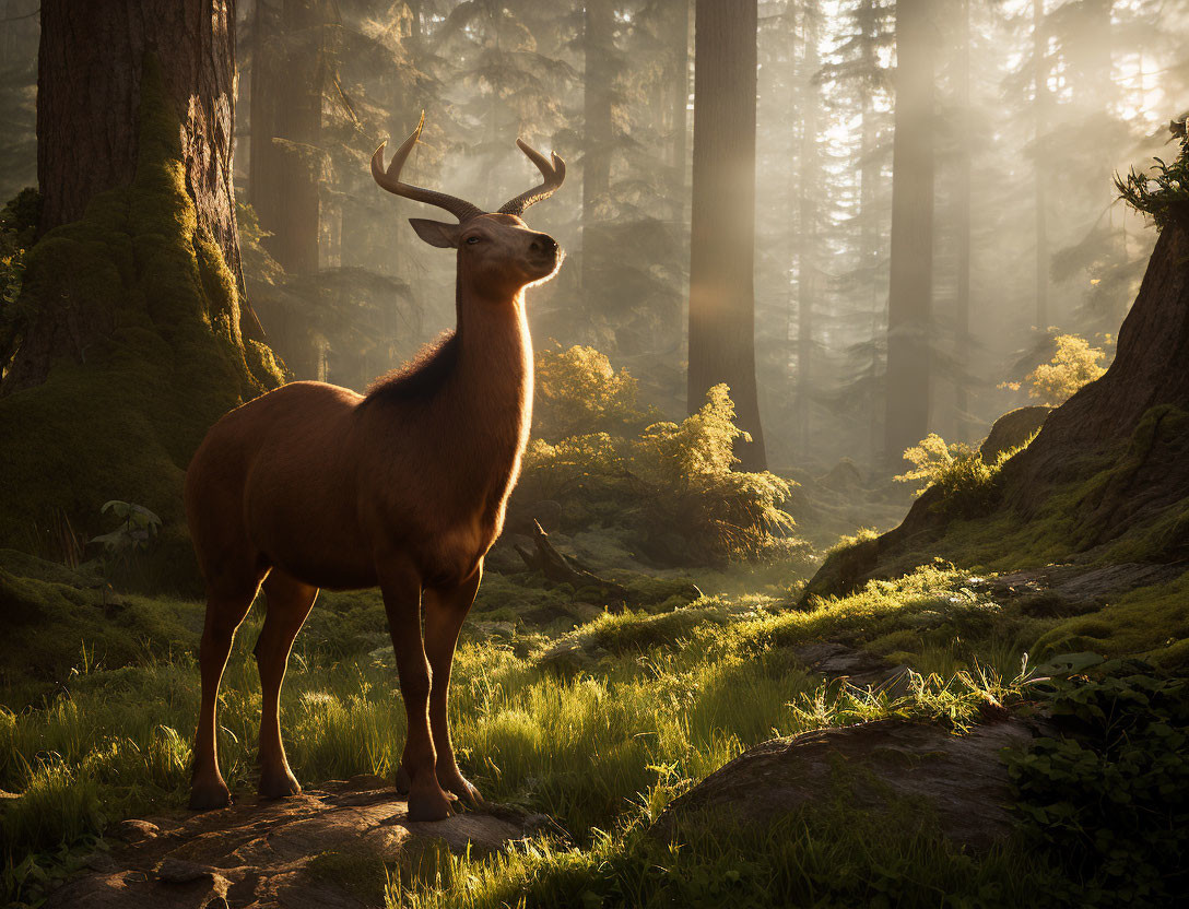 Majestic stag in sunlit forest clearing surrounded by tall trees