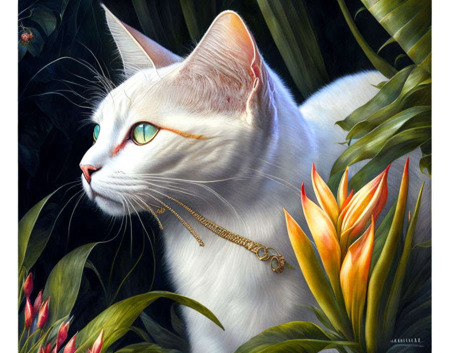 White Cat with Gold Chain Necklace in Green Foliage and Orange Flowers