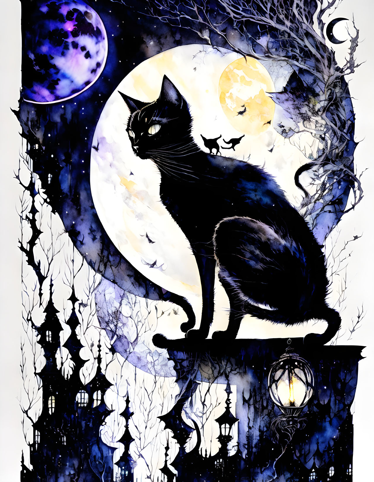 Black Cat on Lamp Post in Mystical Moonlit Scene