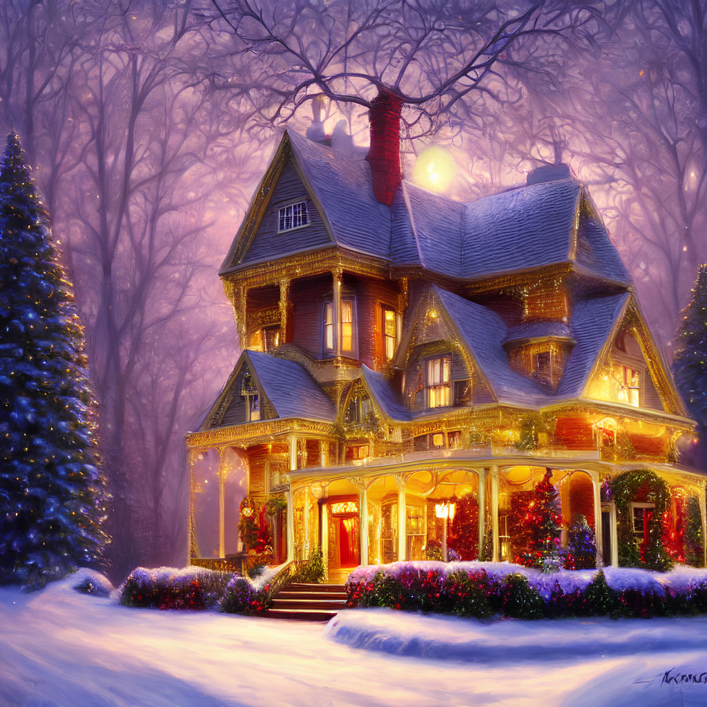 Victorian house with festive lights in snowy twilight landscape