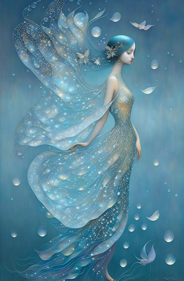 Starry gown and floral hair on ethereal female figure