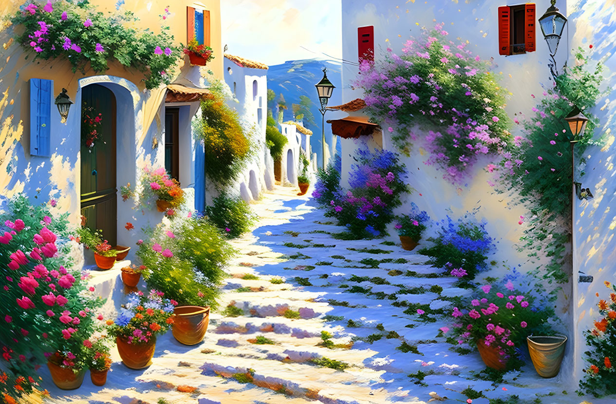 Colorful painting of a sunny street with flowers and white buildings