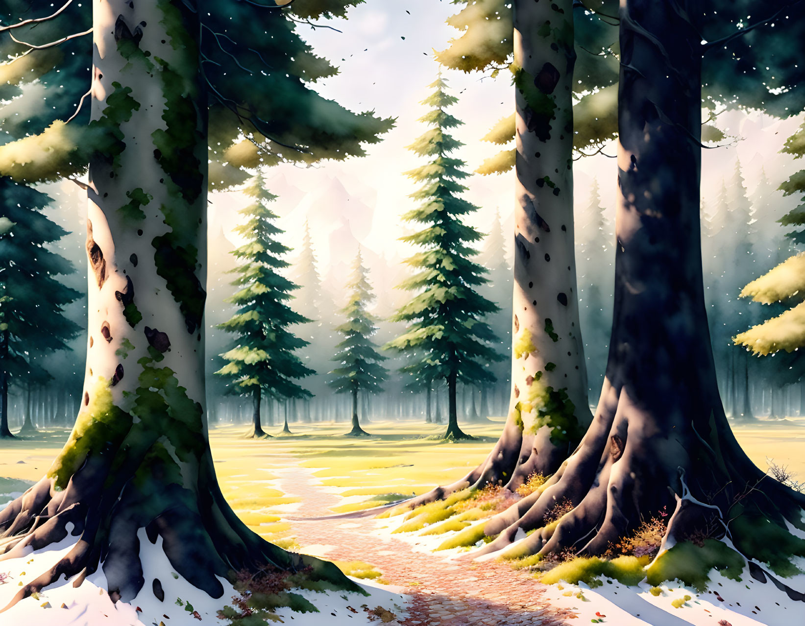 Tranquil forest landscape with sunlight, snow, and moss