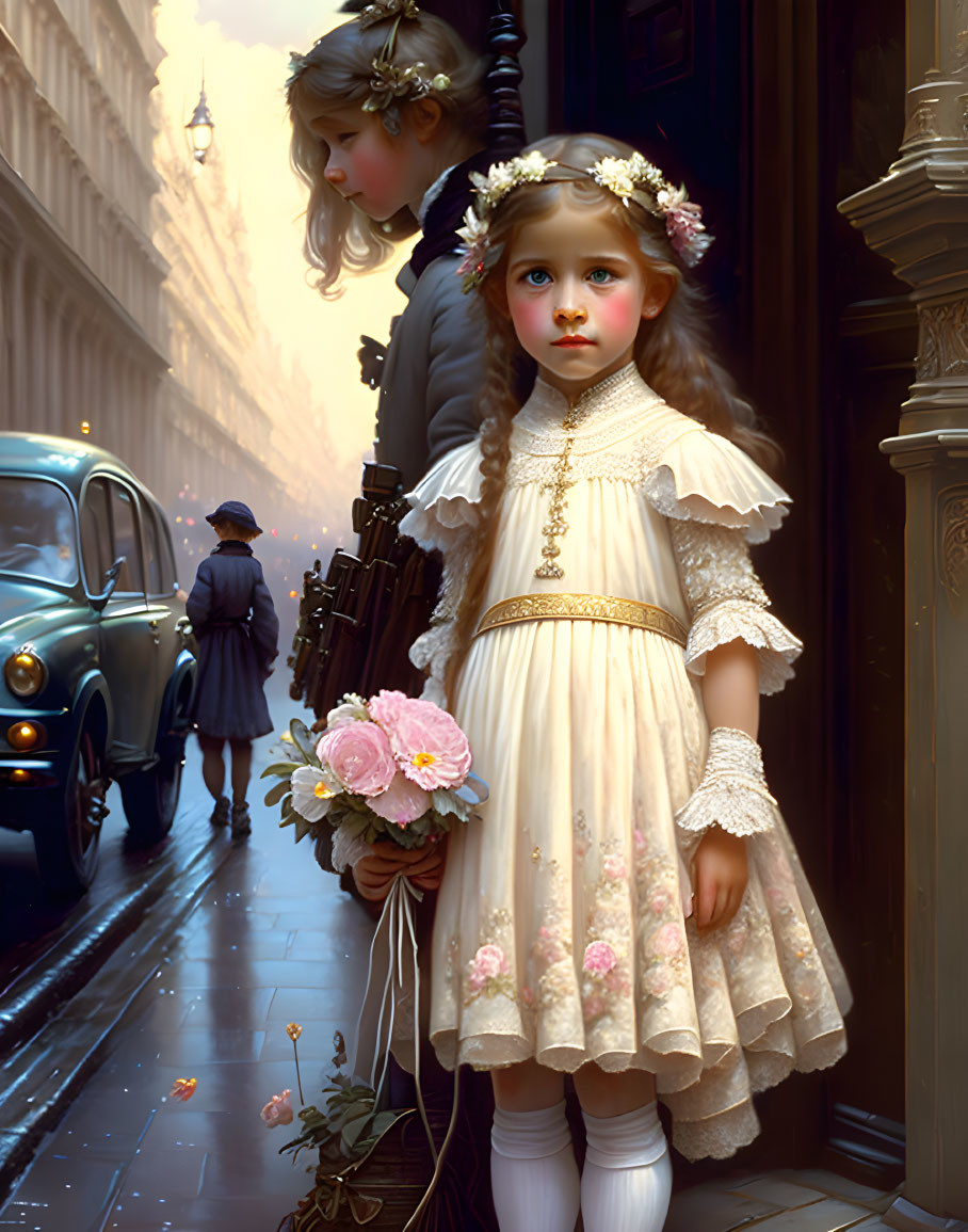 Young girl in vintage cream dress with floral accents and lace holding pink flowers on city street next to classic