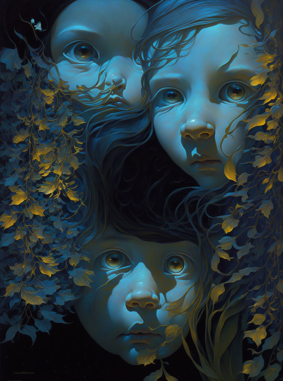 Surreal painting of three expressive faces in dark blue foliage