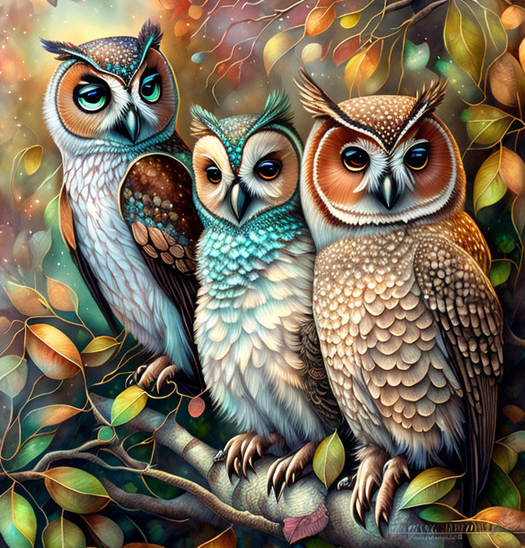 Three stylized owls perched on branch with expressive eyes among autumn leaves