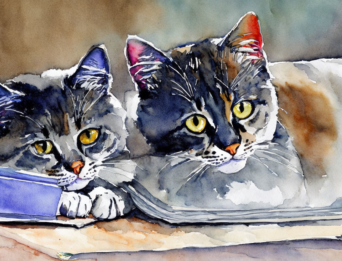 Two Cats Watercolor Painting with Striking Eyes