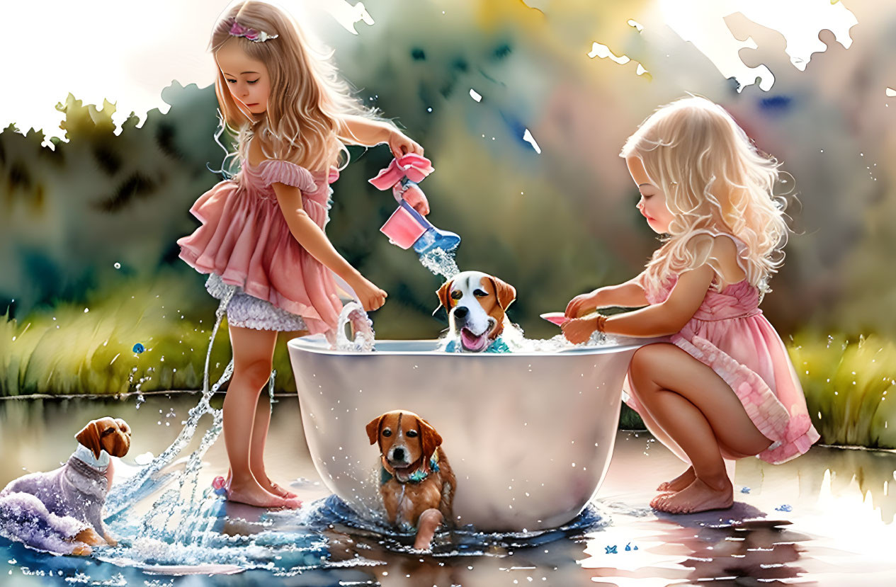 Young girls bathing puppies in pink dresses outdoors.