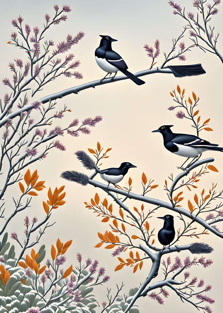 Monochrome birds on branches in colorful foliage