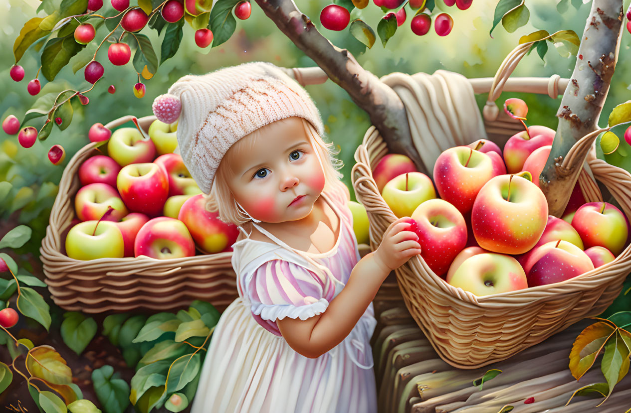 Toddler in Knitted Hat by Baskets of Red Apples