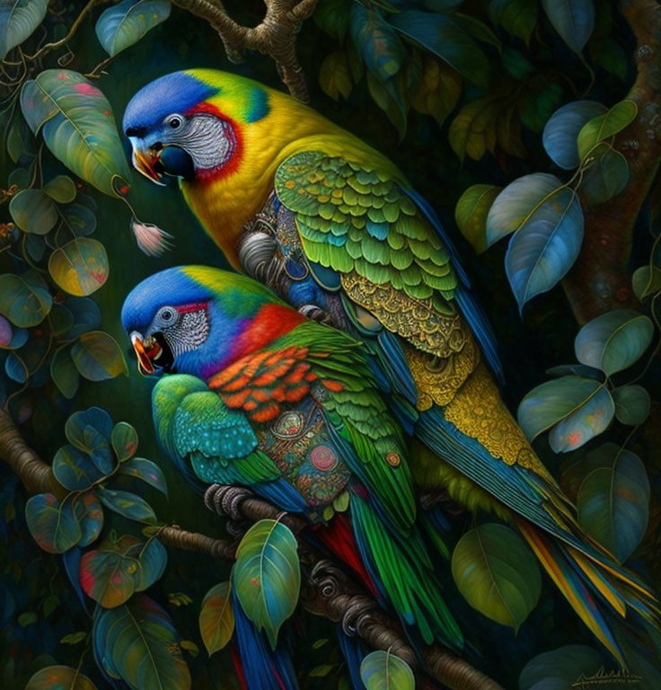 Colorful Parrots Perched on Branch in Lush Green Setting