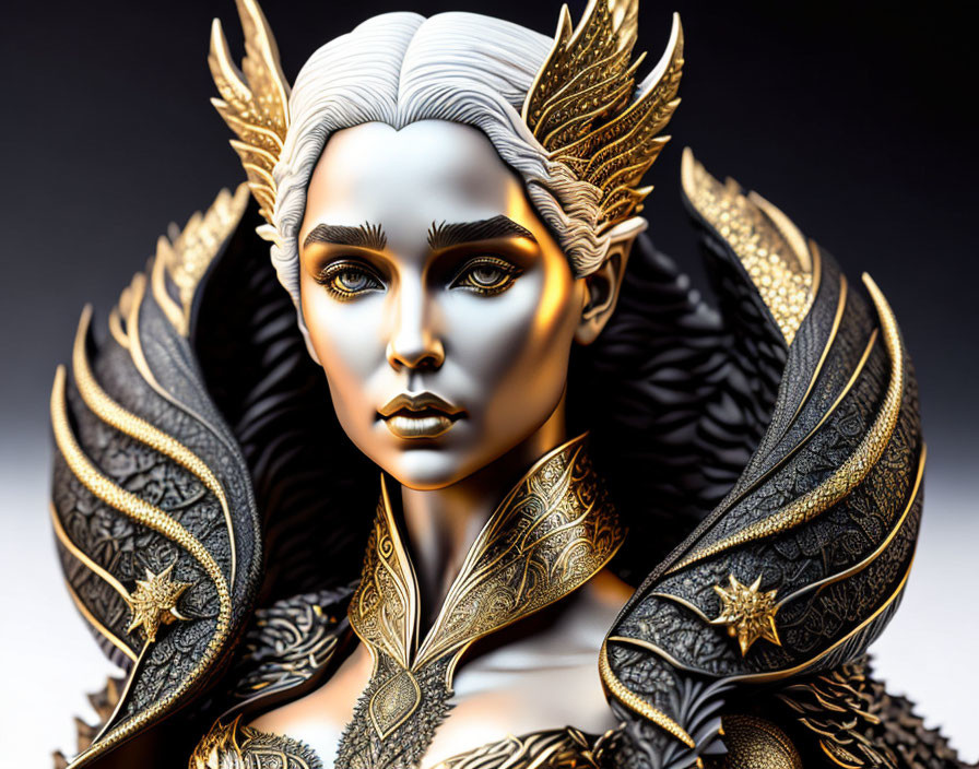 Detailed Fantasy Figure with White Hair and Golden Leaf-Patterned Armor