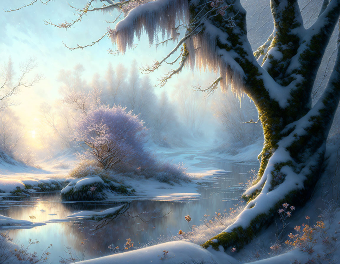 Snow-covered landscape with icicle tree and river reflecting sun glow