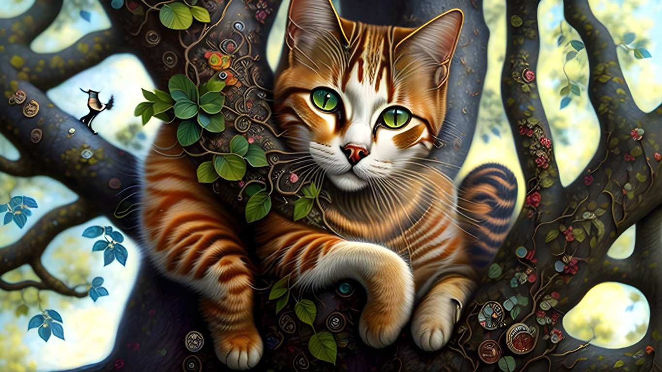 Colorful Illustration of Orange Tabby Cat on Tree Branch