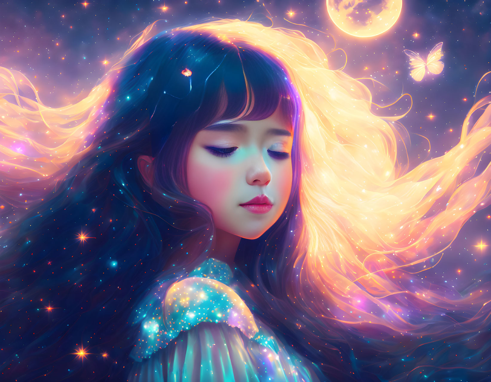 Digital artwork: Girl with starry hair in cosmic scene with crescent moon and luminous butterfly