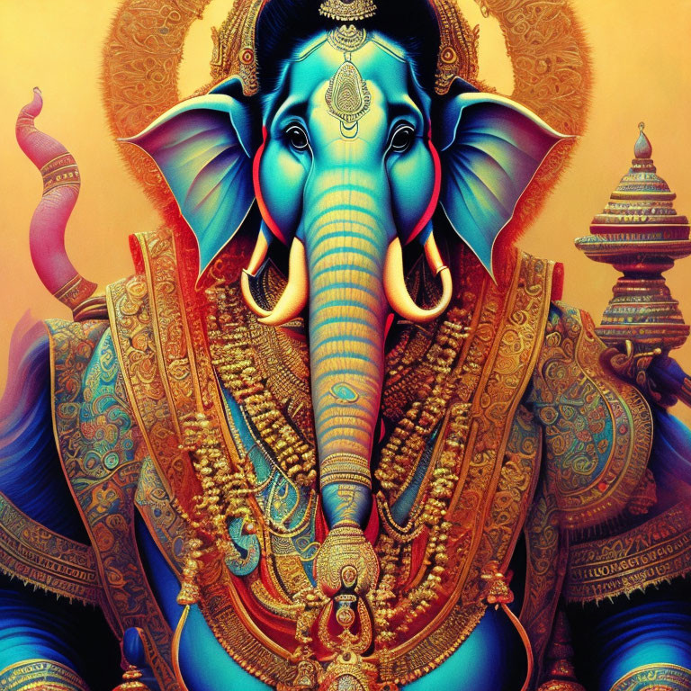 Colorful depiction of Ganesha with intricate jewelry and headgear