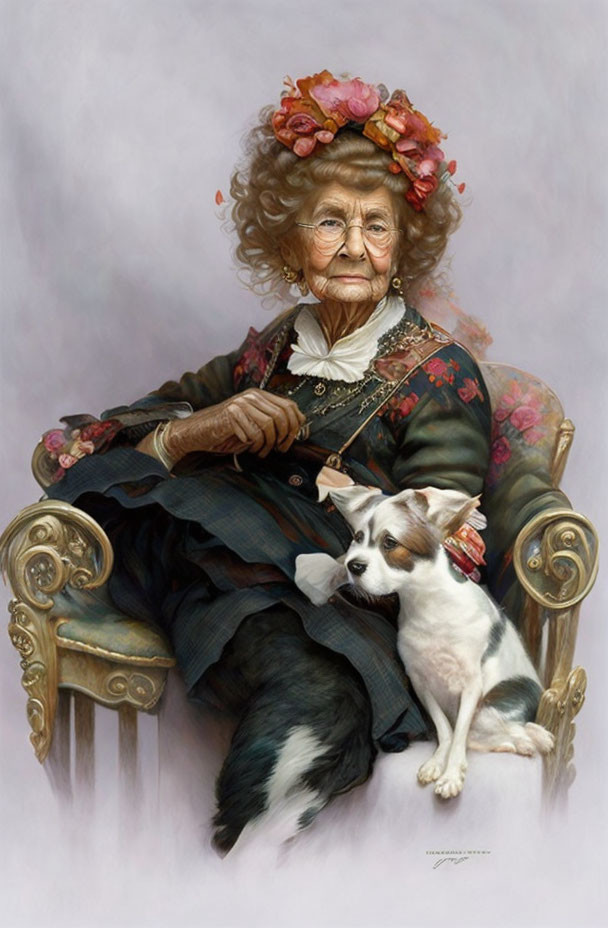 Elderly woman with glasses and floral hat in ornate chair with small dog