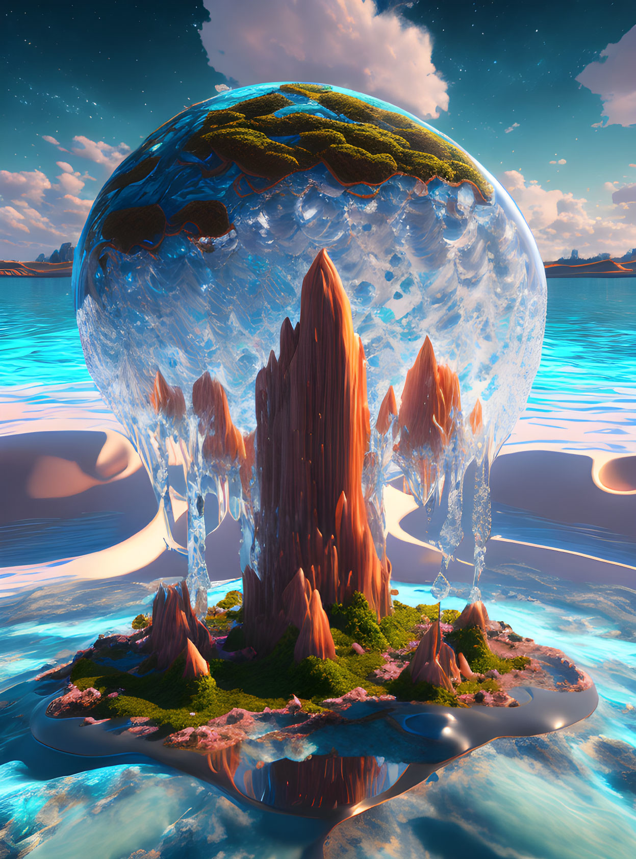 Surreal inverted water globe with floating landmasses above island