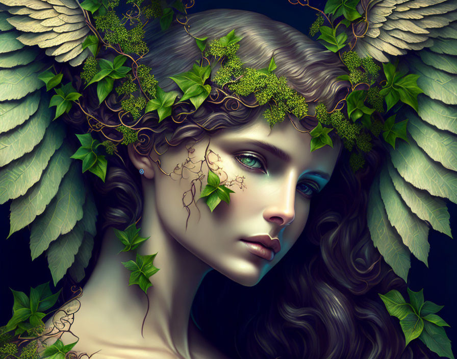 Digital art: Woman with ivy leaves, wings, and thoughtful expression on dark background