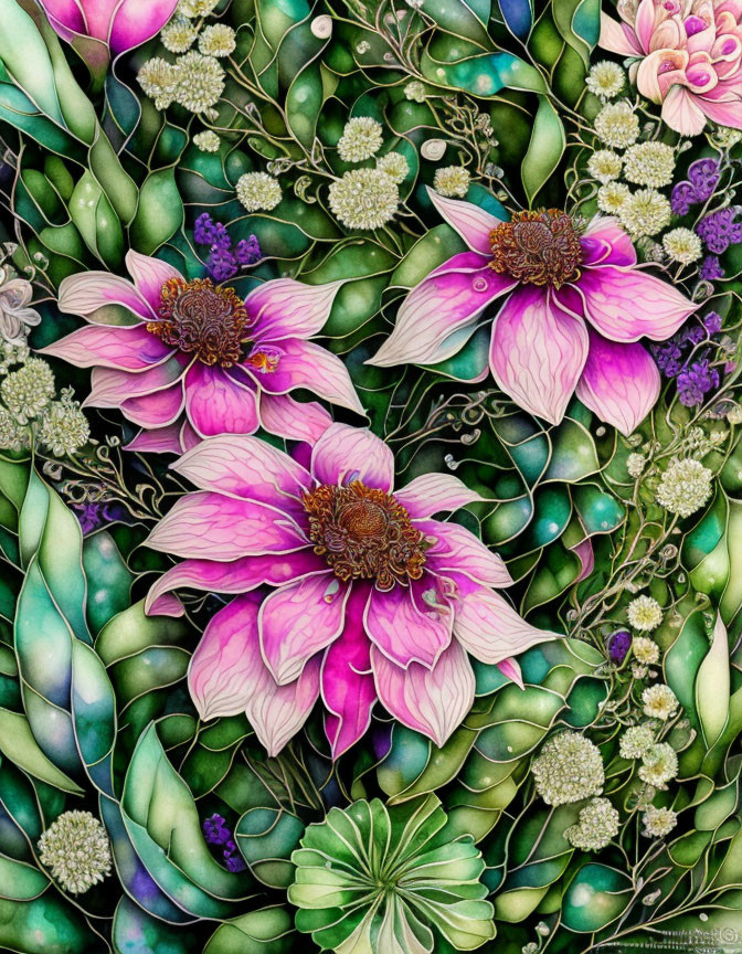 Colorful illustration of pink and purple flowers with intricate green foliage in a lush botanical scene