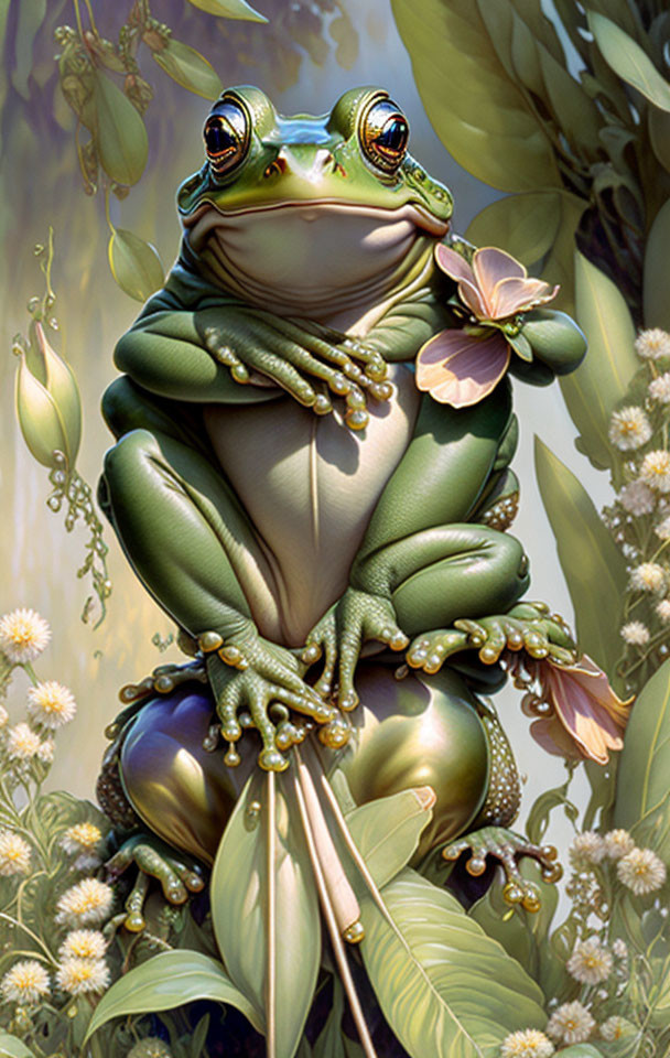 Anthropomorphized frog illustration with crossed arms and flower on leaf cushion surrounded by white blooms