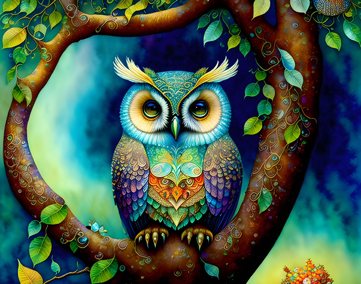 Colorful Stylized Owl Perched on Tree Branch in Vibrant Illustration