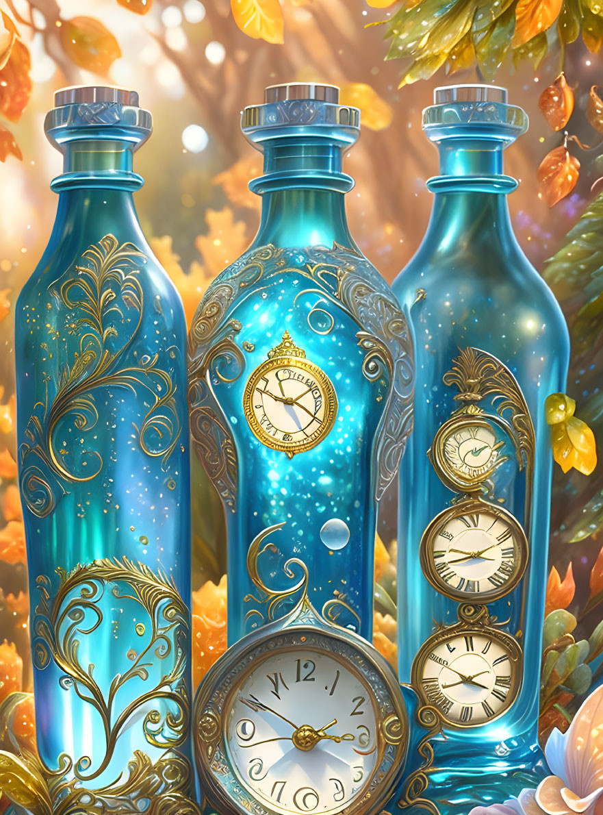 Ornate blue bottles with golden accents and clock faces against autumn leaves