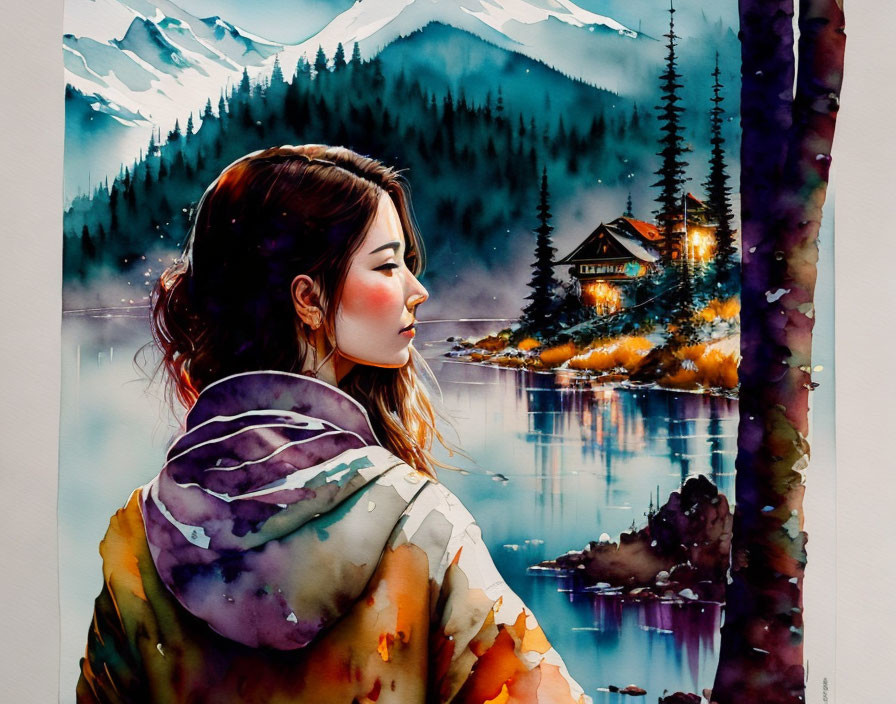 Stylized watercolor painting of woman by mountain lake