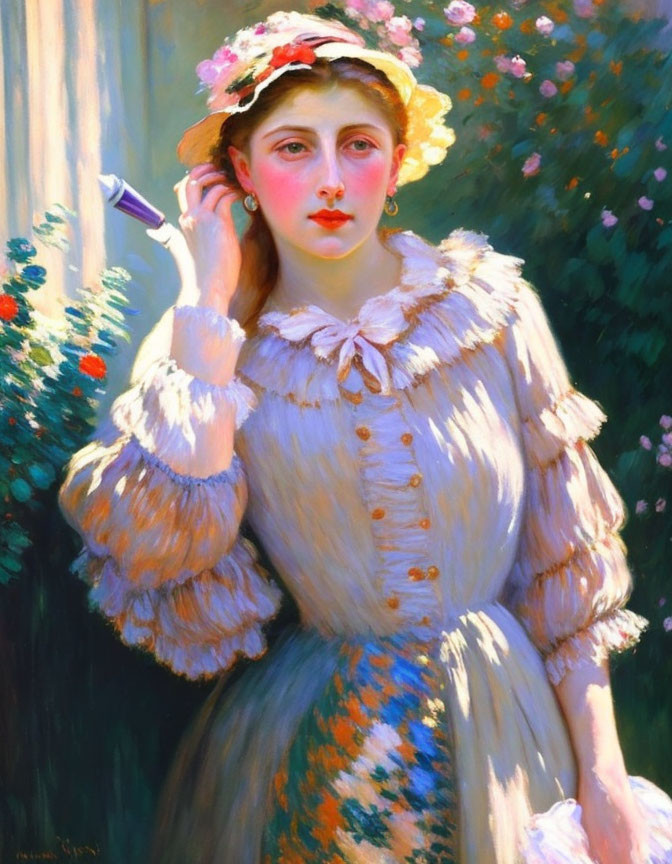 Young woman in vintage attire with quill, thoughtful expression in blooming garden