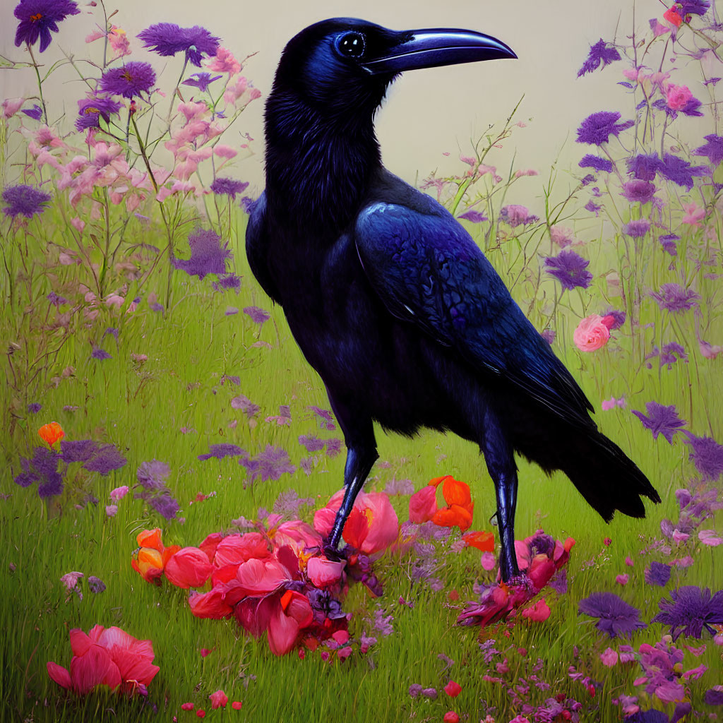 Black raven in colorful flower field - striking contrast