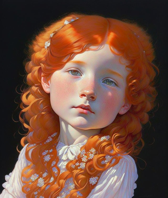 Detailed painting of young girl with red curly hair & white floral dress, featuring contemplative expression