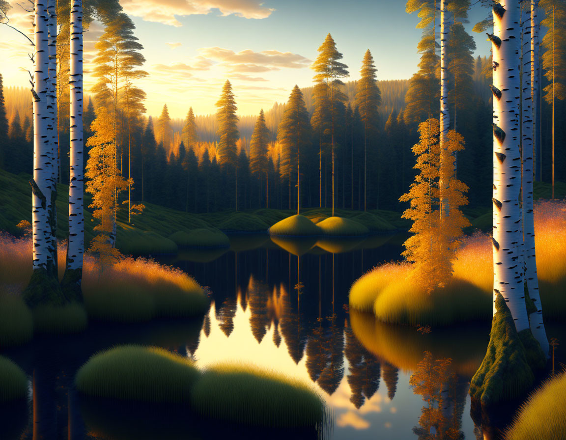 Tranquil forest landscape with reflective pond at sunset