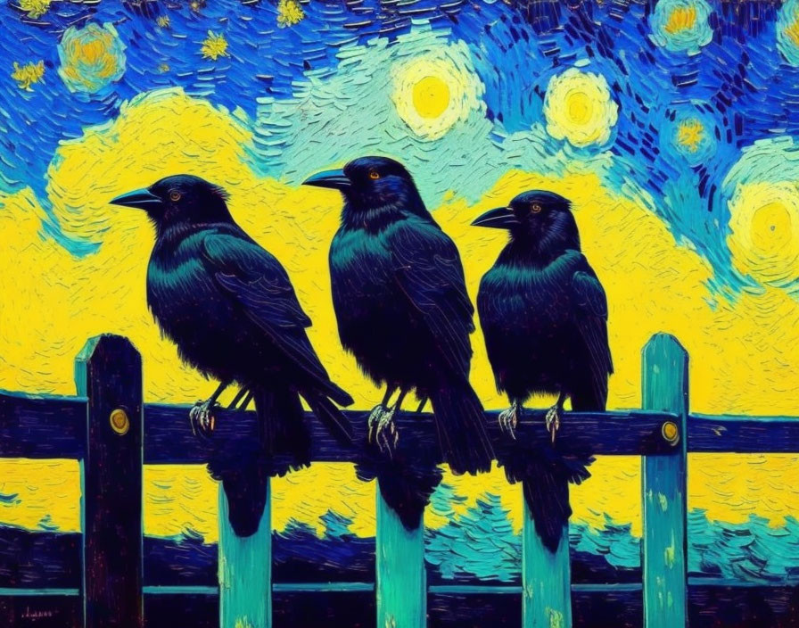 Three crows on fence under starry night sky with moon.