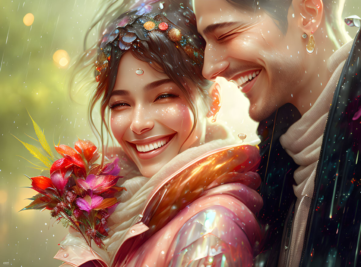 Colorful Couple Laughing with Red Flowers in Raindrops