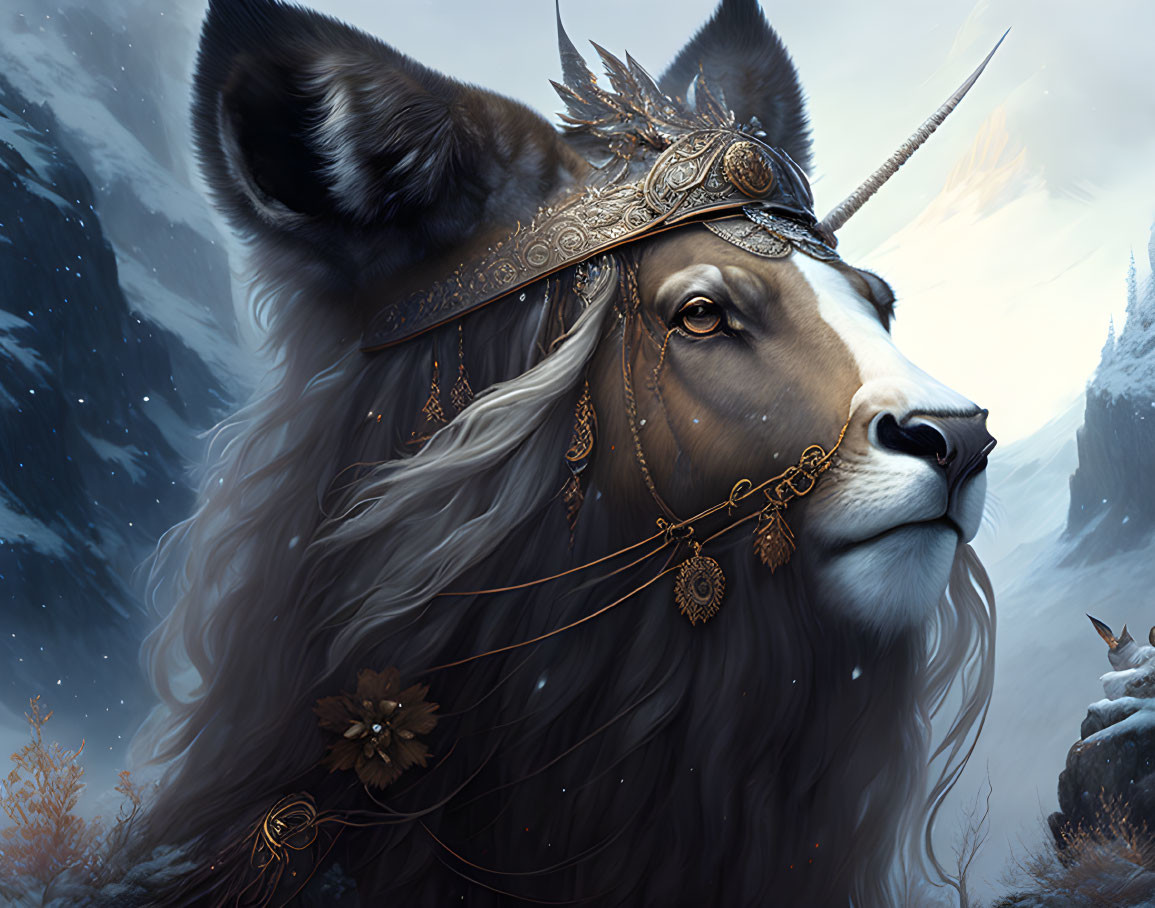 Majestic mythical creature with horn and golden headdress in snowy setting