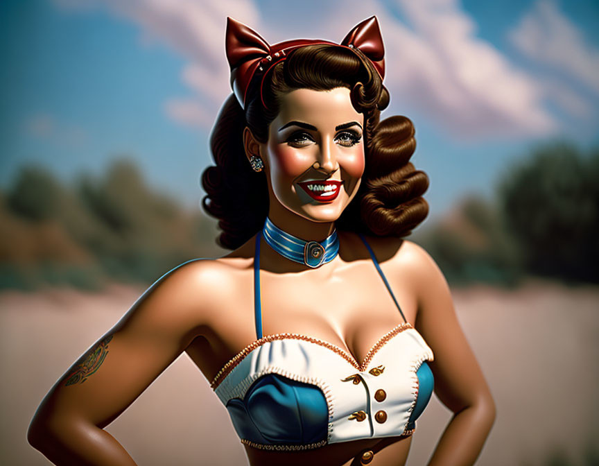 Retro pin-up style woman with red bow, blue top, choker, and arm tattoo on