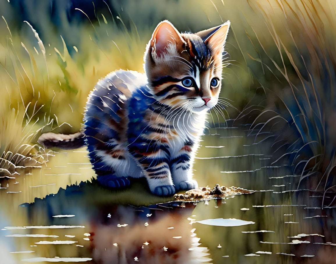 Tabby Kitten with Striking Markings by Water's Edge