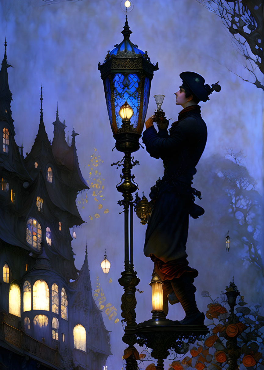 Victorian person lighting street lamp at dusk with misty ornate buildings