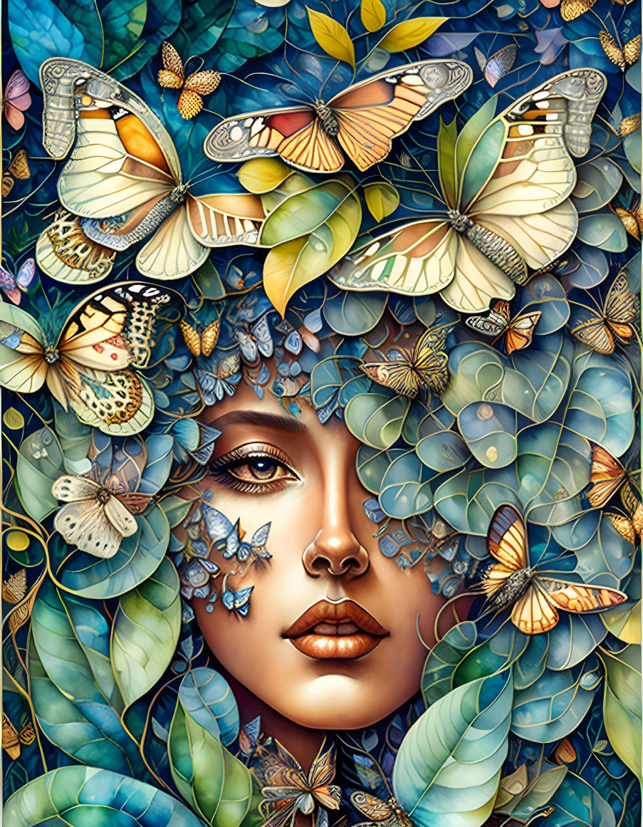 Woman's Face Surrounded by Foliage and Butterflies Artwork