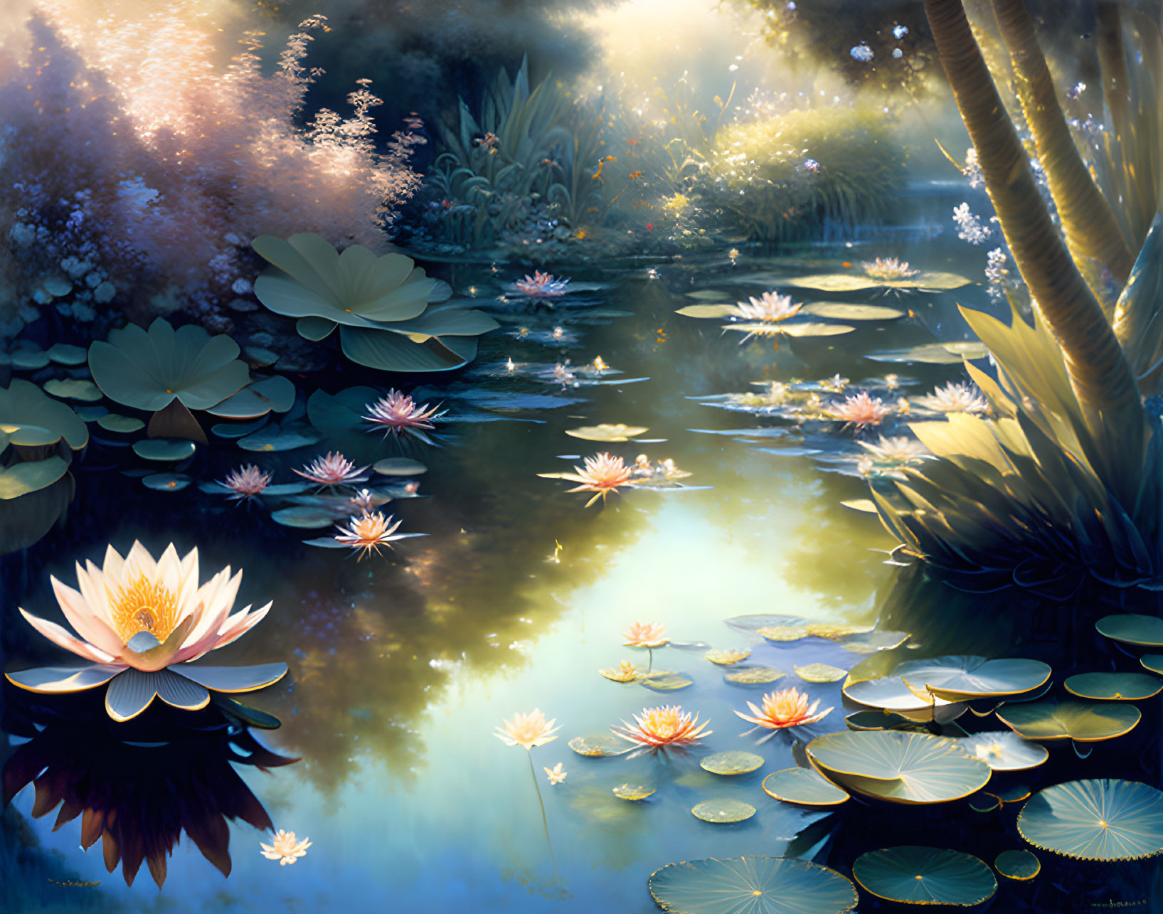 Tranquil pond scene with blooming water lilies amid lush greenery