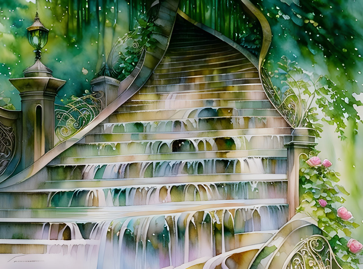 Grand Staircase Watercolor Painting with Ivy, Flowers, and Waterfall