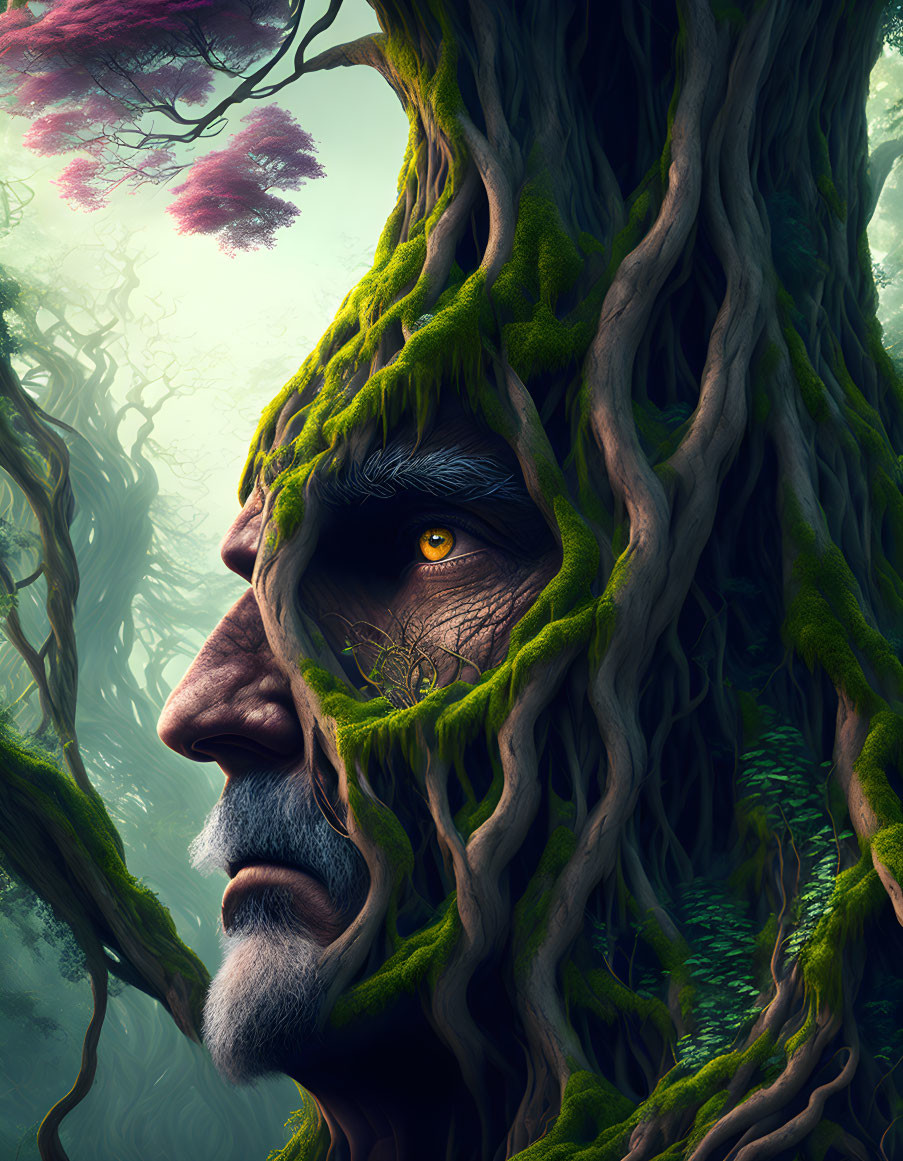 Face Integrated with Tree, Moss, and Vines: Detailed Yellow Eye in Greenery