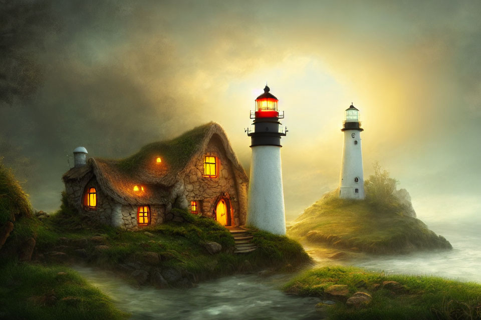 Thatched Cottage and White Lighthouse on Misty Island at Dusk