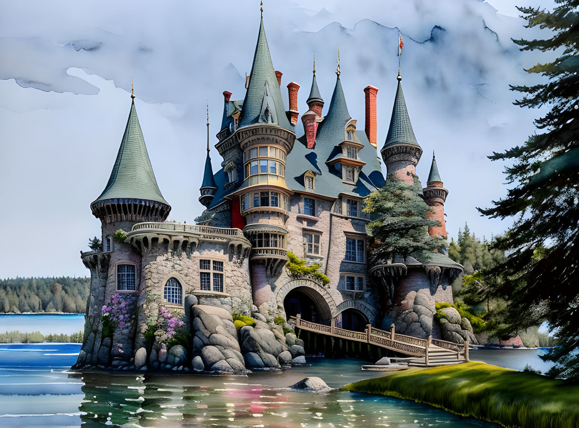 Majestic castle with spires and turrets in serene lake setting