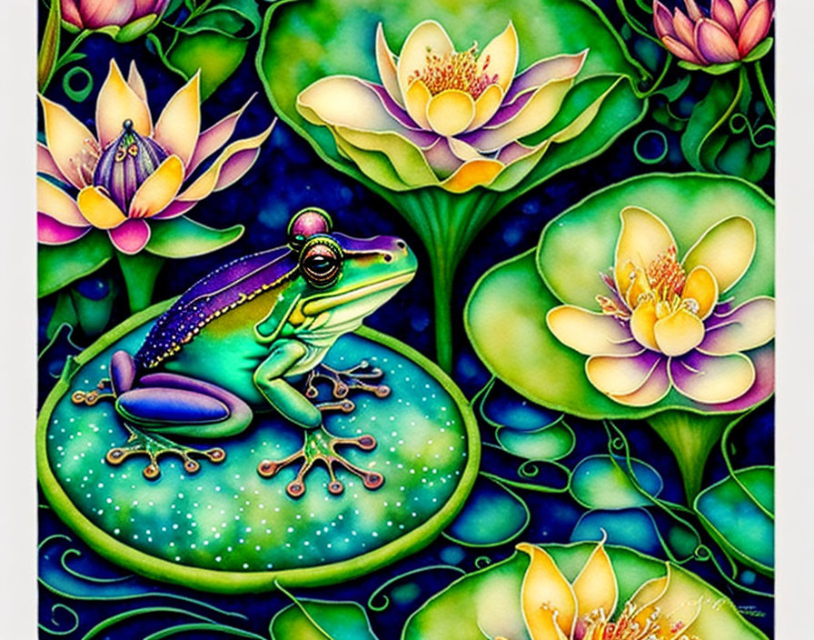 Colorful Frog on Lily Pad Surrounded by Lotus Flowers