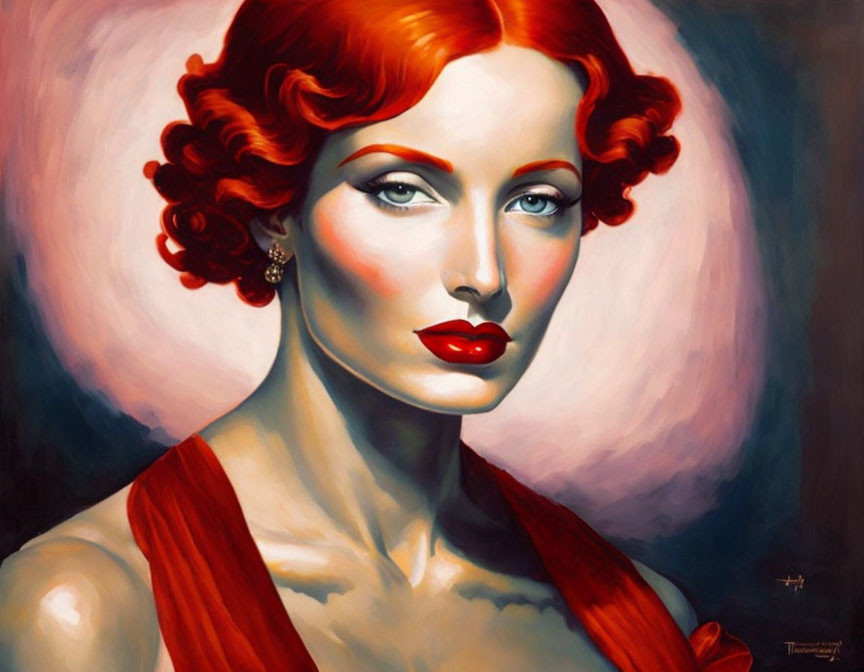 Vibrant red-haired woman in red dress and earring, stylized portrait.