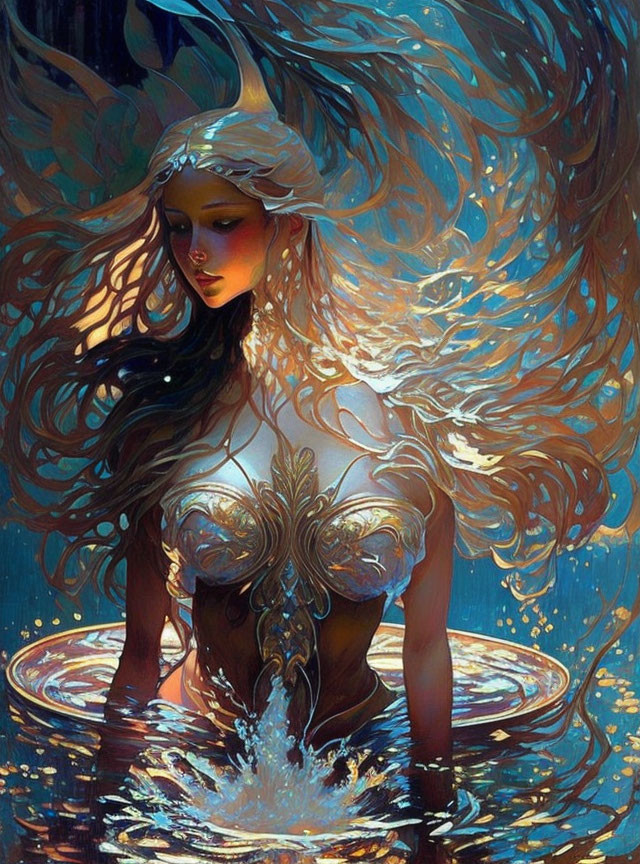 Fantastical female figure in gold armor emerging from water