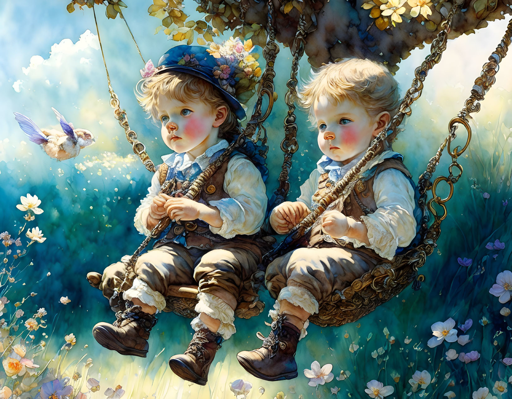 Children on swing with blooming flowers and hummingbird in picturesque scene